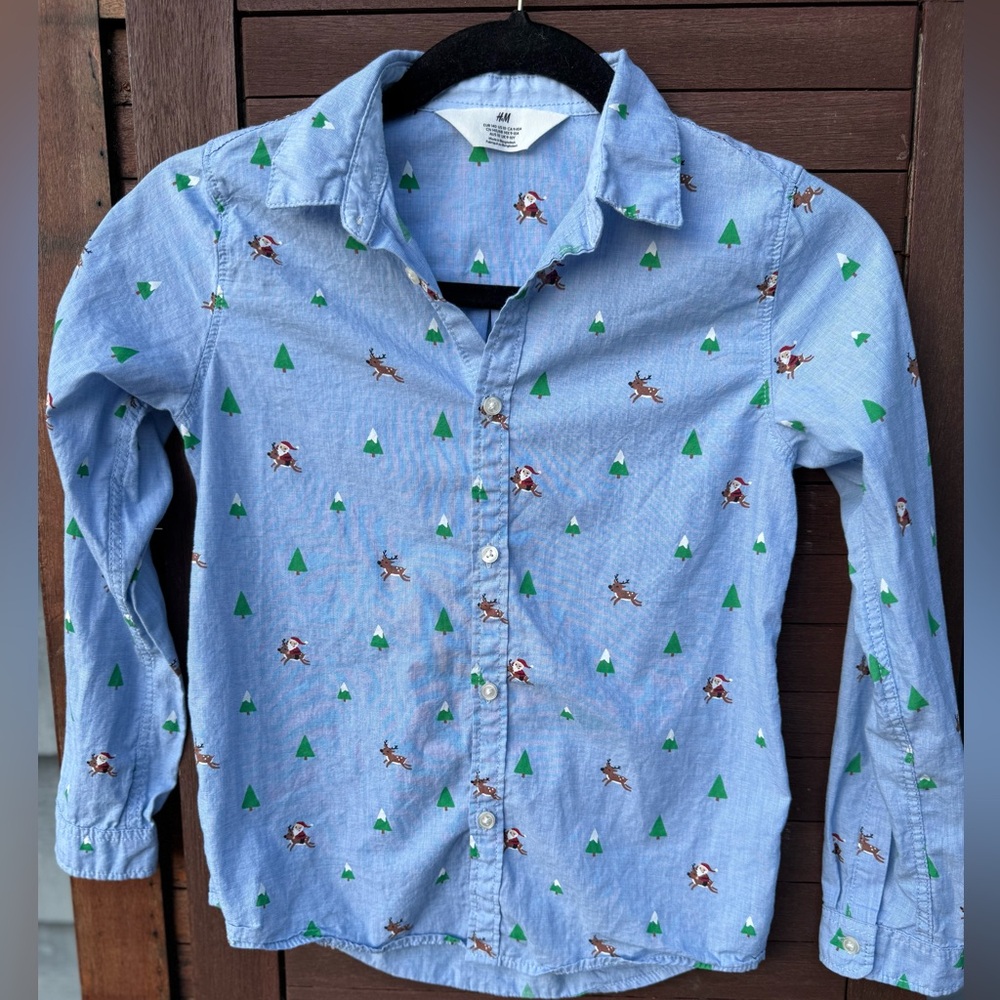 Kids Christmas Blue Button-up Shirt with Trees,   Santa and Brown Reindeer